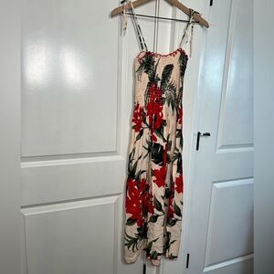 Hawaii vacation dress ruched red and tan midi dress womens size small